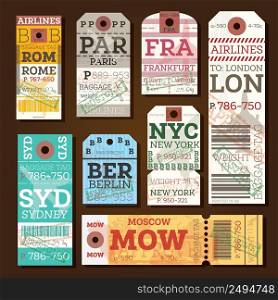 Retro Baggage Tags. Vector Illustration. Luggage Label from Rome, Paris, Frankfurt, London, Sydney, Berlin, Moscow and New York.