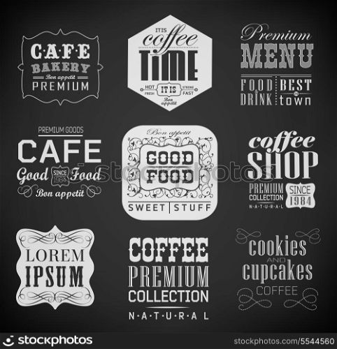 Retro bakery label, coffee shop, cafe, menu design elements, chalk calligraphic drawing with chalk on blackboard