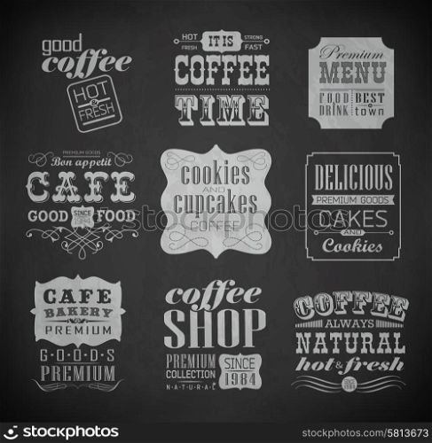 Retro bakery label, typography coffee shop, cafe, menu design elements, chalk calligraphic drawing with chalk on blackboard