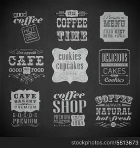 Retro bakery label, typography coffee shop, cafe, menu design elements, chalk calligraphic drawing with chalk on blackboard