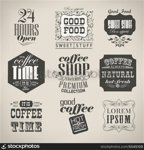 Retro bakery labels and typography, coffee, cafe/ Retro floral ornament