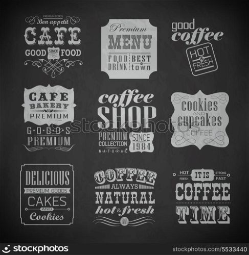 Retro bakery labels and typography, coffee shop, cafe, menu design elements, chalk calligraphic drawing with chalk on blackboard