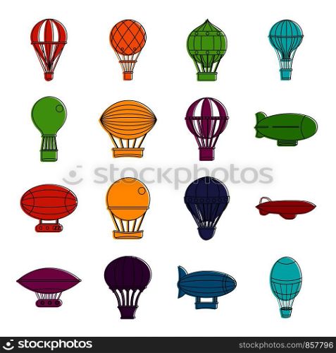 Retro balloons aircraft icons set. Doodle illustration of vector icons isolated on white background for any web design. Retro balloons aircraft icons doodle set