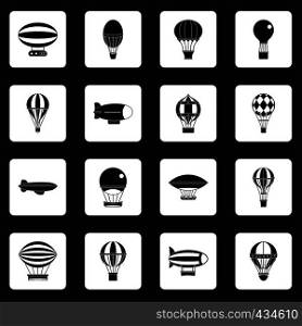 Retro balloons aircraft icons set in white squares on black background simple style vector illustration. Retro balloons aircraft icons set squares vector