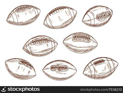 Retro balls of american football game brown sketch symbols with classic elongated leather sporting balls with stitching and lacing. Sporting competition or sports items design. American football or rugby sports balls sketches
