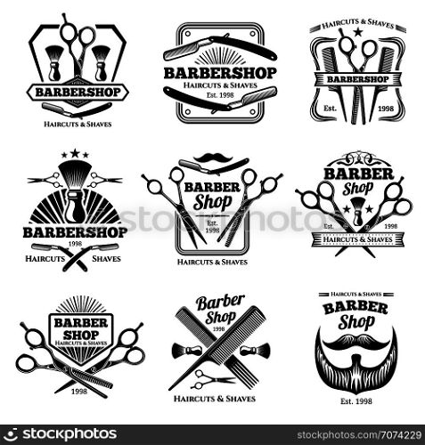 Retro barber shop vector badges. Modern haircut salon labels and hairdresser emblems. Illustration of barber shop emblem and hairdresser salon badge. Retro barber shop vector badges. Modern haircut salon labels and hairdresser emblems