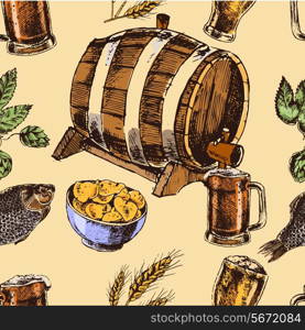 Retro beer barrel and foamy mug with fish chips snacks seamless color pattern sketch vector illustration