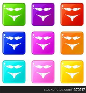 Retro bikini icons set 9 color collection isolated on white for any design. Retro bikini icons set 9 color collection
