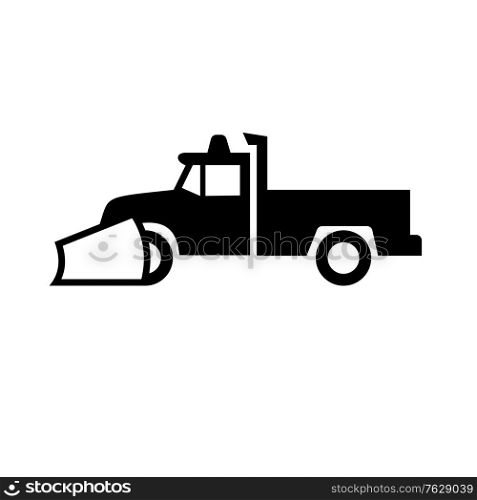 Retro black and white icon sign style illustration of a snow removal equipment or snow plow pick-up truck viewed from side on isolated white background.. Snow Plow Pick-Up Truck Icon Sign Black and White