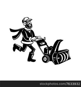 Retro black and white illustration of a man pushing a snow blower or snow thrower viewed from side on isolated white background done in cartoon style.. Man Pushing a Snow Blower or Snow Thrower Cartoon Retro Black and White
