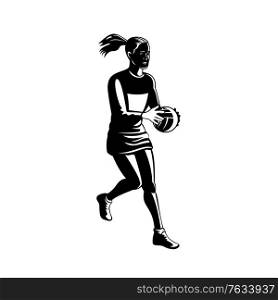 Retro black and white illustration of a netball player with ball catching and passing viewed from side on isolated white background.. Netball Player Catching and Passing Ball Retro Black and White