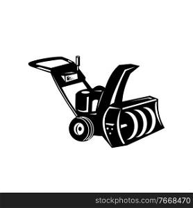 Retro black and white illustration of a snow blower or snow thrower viewed from side on isolated white background done in cartoon woodcut style.. Snow Blower or Snow Thrower Cartoon Retro Woodcut Black and White