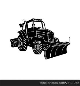 Retro black and white illustration of a snow plow tractor, snow removal machine equipment or snow plow truck viewed from side on isolated white background.. Snow Plow Tractor Snow Removal Machine Side Retro Black and White
