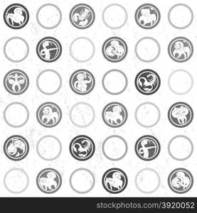 Retro black and white pattern with all zodiac signs and circular shapes, funny cartoon illustrations over grungy background