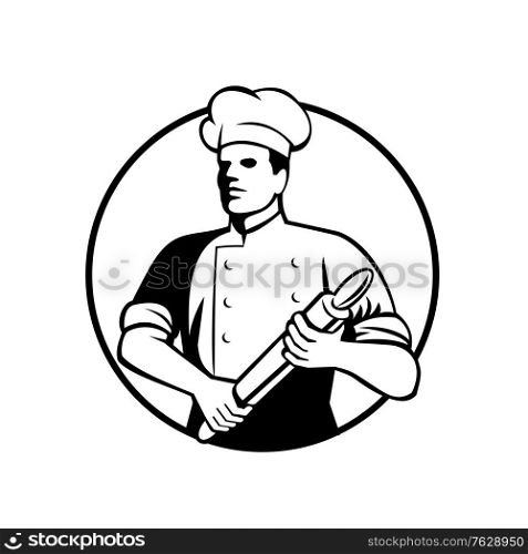 Retro black and white style illustration of a baker, chef, cook or food worker holding a rolling pin viewed from front set inside circle on isolated background.. Baker Chef Cook Holding Rolling Pin Retro Black and White