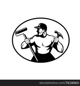 Retro black and white style illustration of a builder, handyman, painter or carpenter holding a hammer and paint roller viewed from front on set inside oval on isolated background.. Builder Handyman Painter or Carpenter Holding Hammer and Paint Roller Retro Black and White