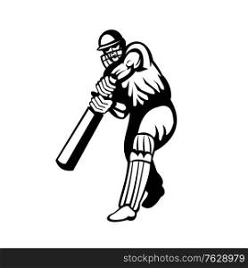 Retro black and white style illustration of a cricket player or batsman with bat batting viewed from front on isolated background.. Cricket Batsman With Bat Batting Viewed From Front Retro Black and White
