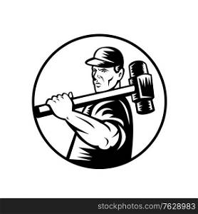 Retro black and white style illustration of a demolition worker with sledge hammer on shoulder viewed from side set inside circle on isolated white background.. Demolition Worker Retro with Sledge Hammer Black and White
