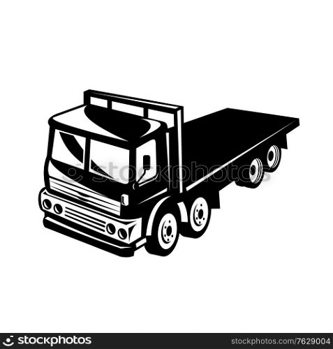 Retro black and white style illustration of a flatbed truck viewed from side on a high angle on isolated white background.. Flatbed Truck Viewed from High Angle Retro Black and White