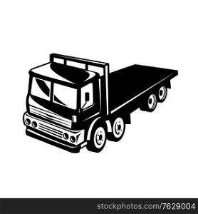 Retro black and white style illustration of a flatbed truck viewed from side on a high angle on isolated white background.. Flatbed Truck Viewed from High Angle Retro Black and White