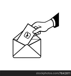 Retro black and white style illustration of a hand of a voter putting ballot or vote inside postal ballot envelope in on isolated background.. Voter Voting Using Postal Ballot During Election Retro Black and White