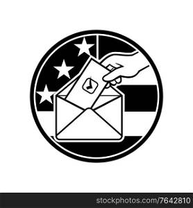 Retro black and white style illustration of a hand of an American voter putting ballot or vote inside postal ballot envelope with USA stars and stripes flag inside circle on isolated background.. American Voter Voting Using Postal Ballot During Election USA Flag Circle Black and White Retro
