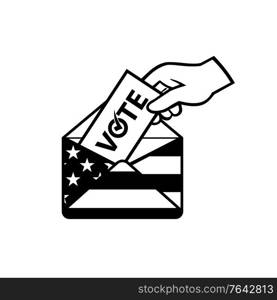 Retro black and white style illustration of a hand of an American voter posting ballot or vote inside postal ballot envelope with USA stars and stripes flag on isolated background.. American Voter Voting Posting Postal Ballot During Election USA Flag Envelope Black and White