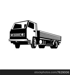 Retro black and white style illustration of a lightweight flatbed truck viewed from side on low angle on isolated white background.. Lightweight Flatbed Truck Viewed from Low Angle Retro Black and White