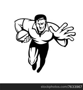 Retro black and white style illustration of a rugby player running with ball fending off with other hand viewed from front on isolated background.. Rugby Player Running with Ball Fending Off Retro Black and White
