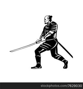 Retro black and white style illustration of a samurai warrior with katana sword in fighting stance viewed from side on isolated white background.. Samurai Warrior With Katana Sword in Fighting Stance Retro Black and White