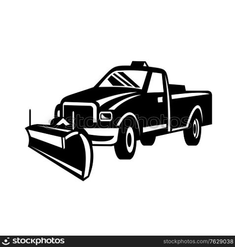 Retro black and white style illustration of a snow removal equipment or snow plow pick-up truck viewed from side on isolated white background.. Snow Plow Pick-Up Truck Retro Side View Black and White