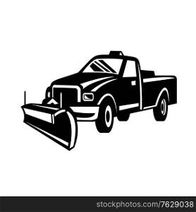 Retro black and white style illustration of a snow removal equipment or snow plow pick-up truck viewed from side on isolated white background.. Snow Plow Pick-Up Truck Retro Side View Black and White