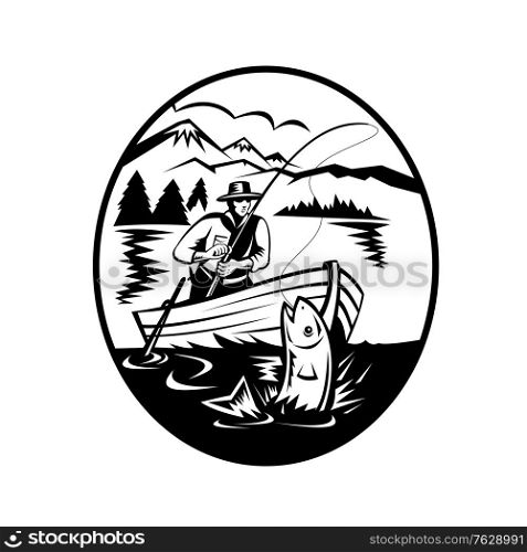 Retro black and white style illustration of a trout fisherman on boat fishing in lake with rod and reel hooking catching salmon fish with mountains in background on isolated background.. Trout Fisherman on Boat Fishing in Lake with Rod and Reel Hooking Fish Retro Black and White