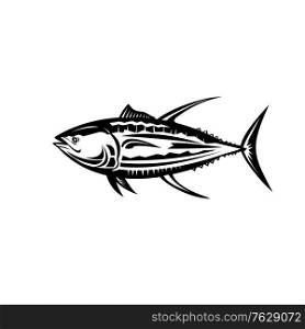 Retro black and white style illustration of a yellowfin tuna Thunnus albacares or ahi, a species of tuna found in pelagic waters of subtropical oceans viewed from side on isolated white background.. Yellowfin Tuna Thunnus Albacares or Ahi Side Retro Black and White