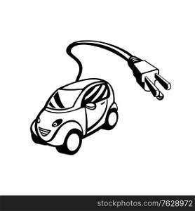 Retro black and white style illustration of an electric vehicle or green car, a passenger transport fuelled by renewable electricity to slash greenhouse gas emissions with plug coming out on isolated background.. Electric Vehicle or Green Car with Plug Coming Out Retro Black and White