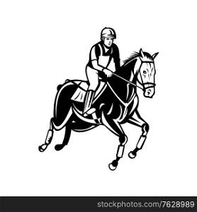 Retro black and white style illustration of an equestrian riding horse show jumping, stadium jumping or open jumping, part of a group of English riding equestrian events on isolated background.. Equestrian Riding Horse Show Jumping or Stadium Jumping Retro Black and White