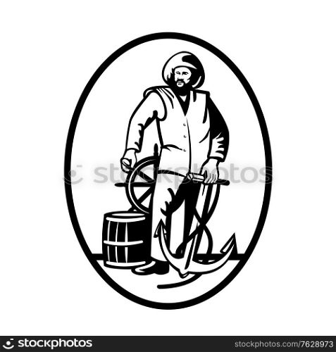 Retro black and white style illustration of commercial fisherman at the helm with anchor and wooden barrel viewed from front set inside oval on isolated background.. Commercial Fisherman at the Helm with Anchor and Wooden Barrel Retro Black and White