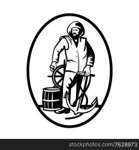 Retro black and white style illustration of commercial fisherman at the helm with anchor and wooden barrel viewed from front set inside oval on isolated background.. Commercial Fisherman at the Helm with Anchor and Wooden Barrel Retro Black and White