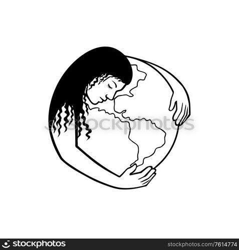 Retro black and white style illustration of Mother Earth or Gaia, a goddess who inhabits the planet, offering life and nourishment, hugging the world or globe on isolated background.. Mother Earth Hugging World Globe Retro Black and White