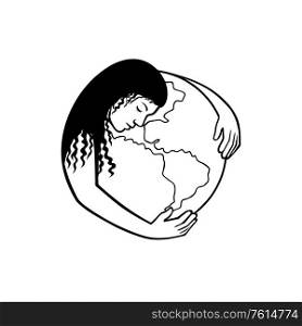 Retro black and white style illustration of Mother Earth or Gaia, a goddess who inhabits the planet, offering life and nourishment, hugging the world or globe on isolated background.. Mother Earth Hugging World Globe Retro Black and White