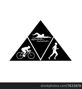 Retro black and white style illustration of triathlon, a multisport activity that comprises of running, swimming and cycling all in a single event set inside triangle on isolated background.. Triathlon Sport Running Swimming and Cycling Triangle Black and White
