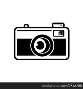 Retro Black and White style illustration of vintage 35mm film camera viewed from front on isolated background.. Vintage 35mm Film Camera Black and White