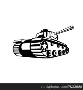 Retro black and white style illustration of World War Two battle tank pointing it&rsquo;s gun or cannon to side on isolated background.. World War Two Battle Tank Pointing Cannon Retro Black and White
