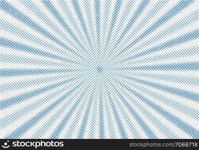 Retro blue sunburst and rays comic cartoon halftone style background. Abstract vintage grunge with sunlight. Vector illustration