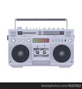 Retro boombox cassette. Old portable single cassette recorder sharpe with color vector equalizer built radio two speakers knob tuning bass sound recording playing music symbol of old school 80s.. Retro boombox cassette. Old portable single cassette recorder sharpe.