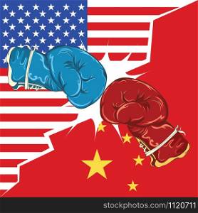Retro boxing gloves red and blue, USA and China trade war concept.