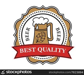 Retro brewery label with beer tankard, red ribbon and decorative elements