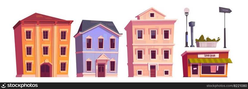 Retro buildings, town or city vintage house architecture. Dwelling construction, antique stone cottages front view, store with canopy, street l&s and plant. Housing exterior, cartoon vector set. Retro buildings, town or city vintage houses set