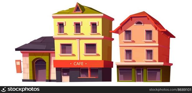 Retro buildings, town or city vintage house architecture with cafe and store showcase on ground floor. Dwelling construction, antique stone cottages front view. Housing exterior cartoon vector clipart. Retro buildings, town or city vintage houses.