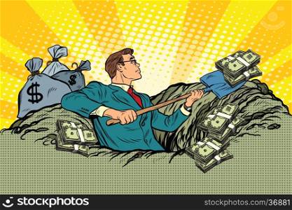 Retro businessman digs up money from the ground, pop art vector. Business and Finance
